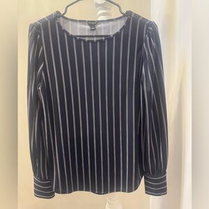 Ann Taylor Petite Navy White Stripe Long Sleeve Blouse Size SP